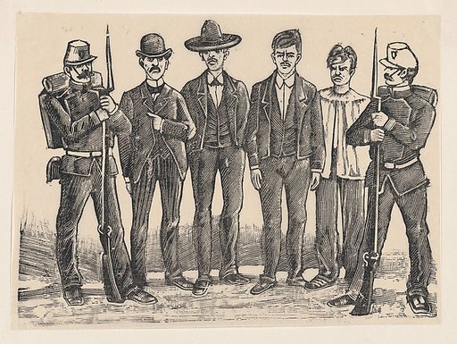 Four criminals standing in a line flanked by officers, relating to the impending executions of Luis Izaguirre, Bruno Martinez, Francisco Guerrero, and Alberto Fernandez, who were connected with a theft at La Profesa