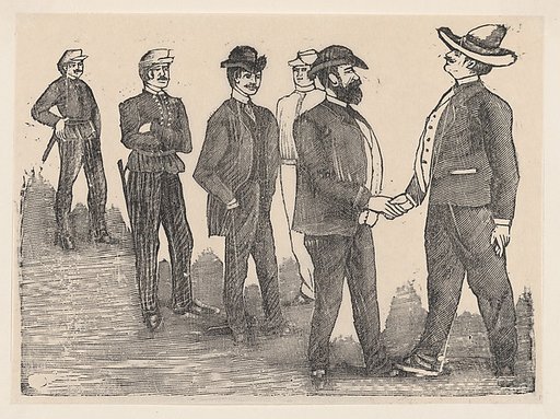 Two men shaking hands in the foreground and officers watching them in the background