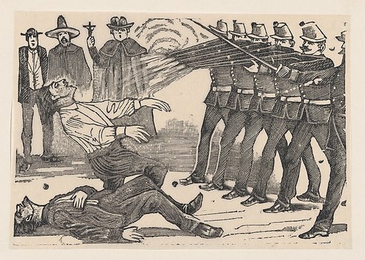 A firing squad executing two men, a priest and other figures in the background