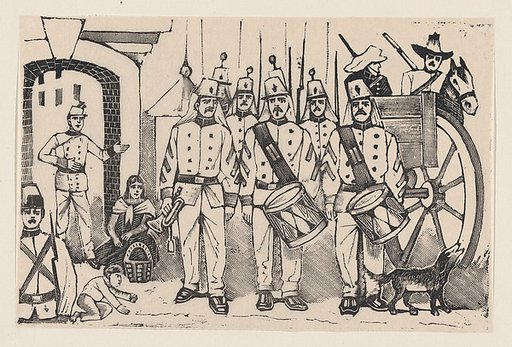 A marching band standing in a street, illustration from 'La gorra del cuartel'