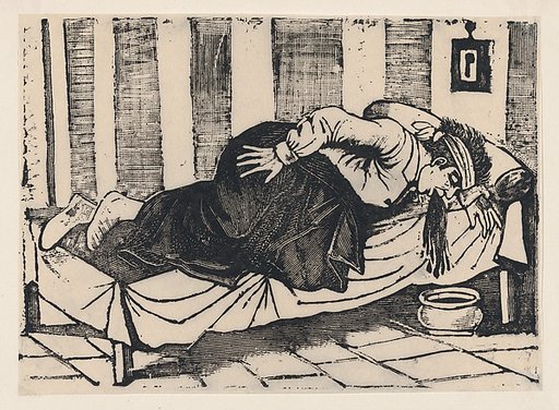 A man leaning over the side of a bed vomiting, from a broadside entitled 'Death of  Aurelio Caballero due to yellow fever in Veracruz'