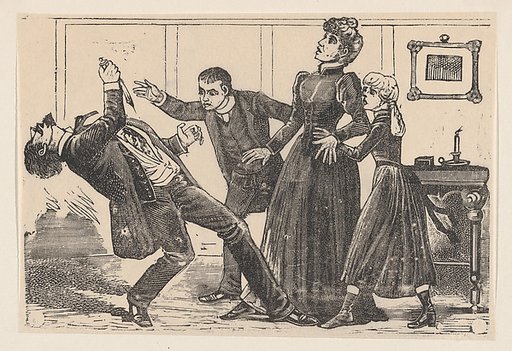 A man who has just stabbed himself falls backwards accompanied by three people