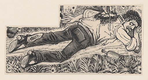 A drunken man with a bottle at his side in a field