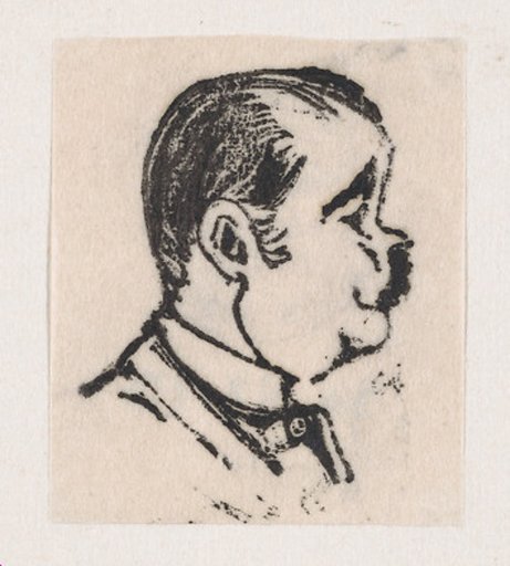 A profile of a man with a dark mustache looking to the right