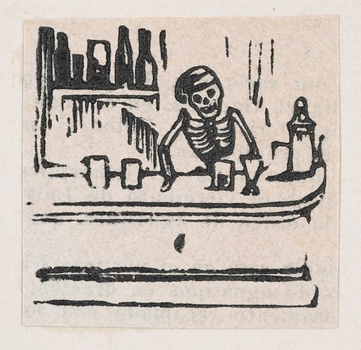 A skeleton serving alcohol, from a broadside enitled 'Medicinas de Patente de mas Fama'