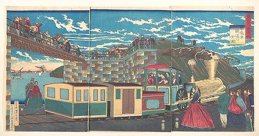 Illustration of Steam Locomotive Tracks at Takanawa, from the series Famous Places in Tokyo  (Tōkyō meishō Takanawa-jōki kikansha no zen zu)