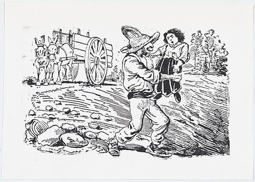 A man in a hat kidnapping a child from a broadside entitled 'Los roba-chicos en acción'