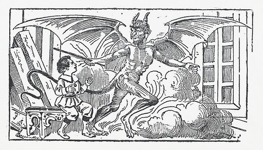 A young boy cowering from a demon, illustration from 'El cuento Nniño de los dulces'