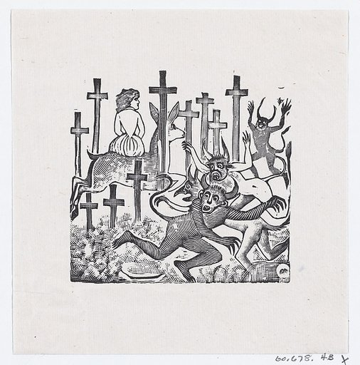 Demons running away from a woman on a deer riding through a field of crosses