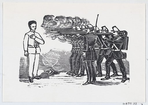 Firing squad shooting a man with his left hand on his chest