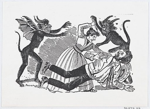 A woman surrounded by demons stabbing a man to death from a broadside entitled 'Horroroso Asesinato'