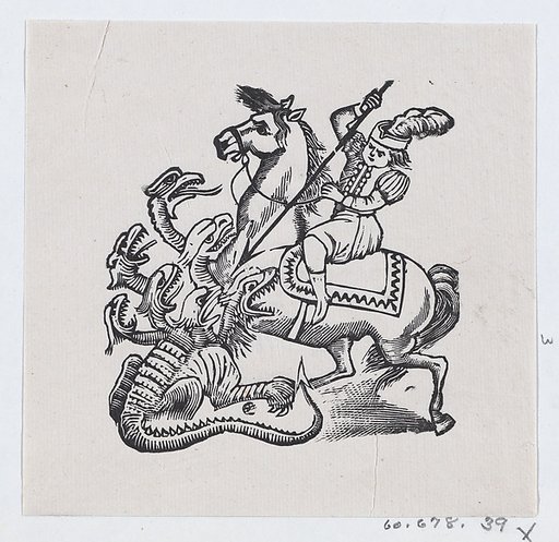 A man on horseback stabbing a monster with a lance, illustration from 'The King and His Three Sons'