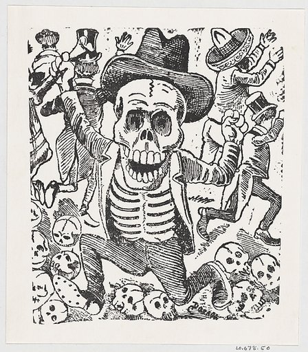 A skeleton holding a bone and leaping over a pile of skulls while people flee, from a broadside entitled 'Las bravisimas calaveras Guatemaltecas'