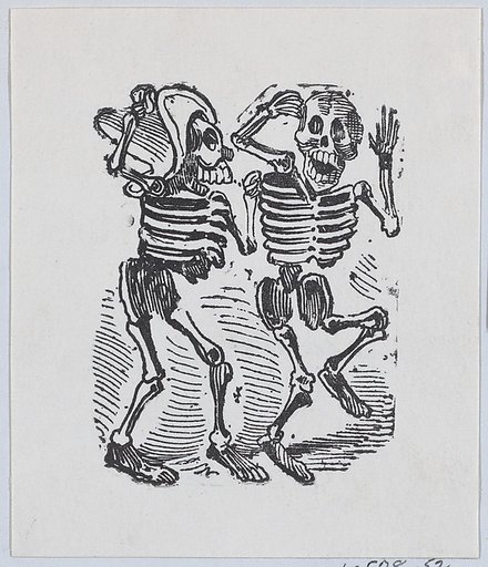 Two skeletons smiling and dancing