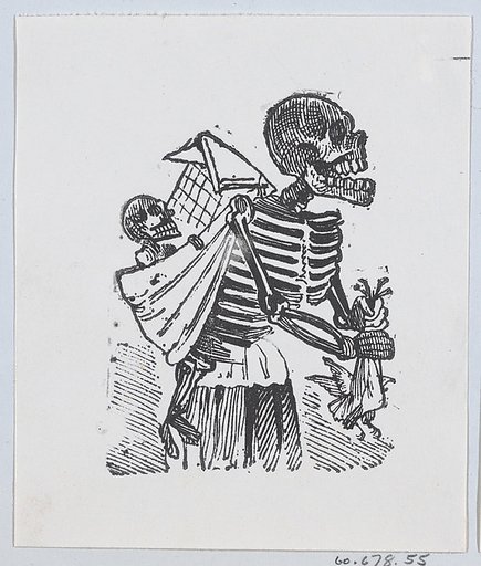 A skeleton picking crops in a field while carrying a baby skeleton on its back