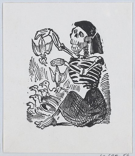 A skeleton selling plucked chickens from a broadside entitled 'Una Calavera Chusca'