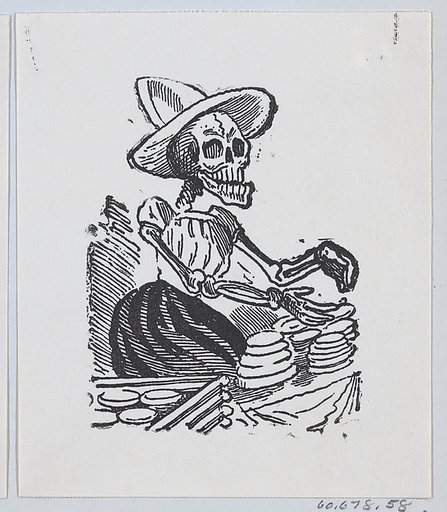 A skeleton selling cheese from a broadside entitled 'Una Calavera Chusca'