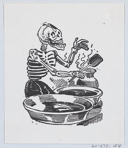 A skeleton selling hot liquid in basins, from a broadside entitled 'Una Calavera Chusca'