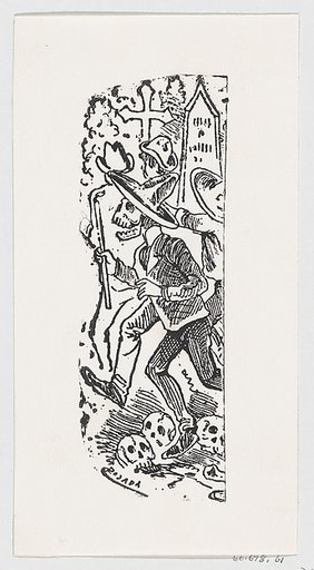 A skeleton running with a crowbar in his hand, from a broadside entitled ' Calavera llorando el hueso'
