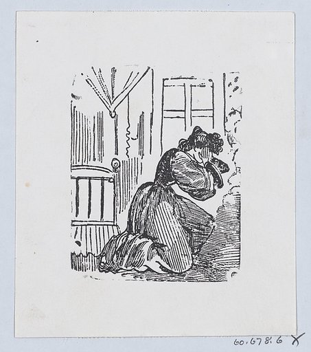 A woman in her bedroom kneeling on the floor with her hands raised to her head