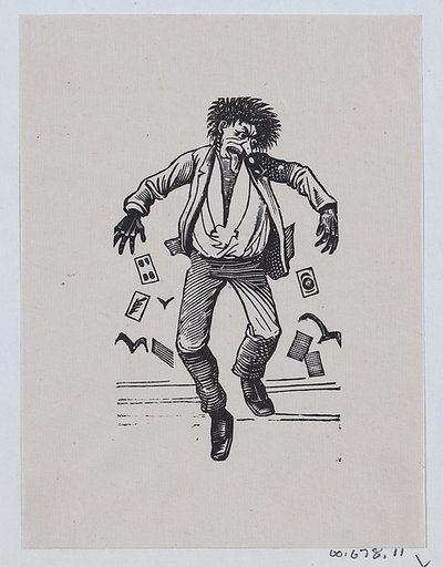 A man with his toungue out jumping in the air while cards fall out of his pockets