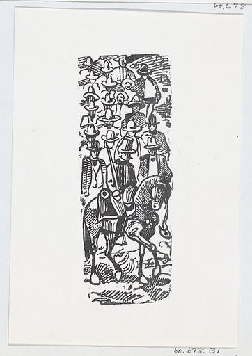 A group of men following a soldier on horseback with a sword