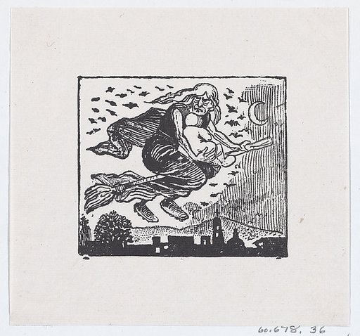 A witch carrying a child on her broom