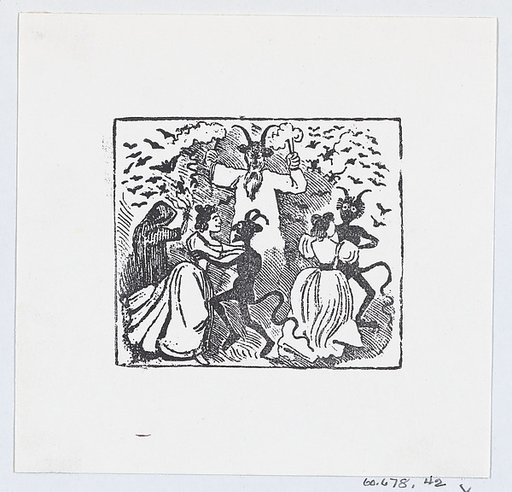 Demons dancing with women and bats flying through the sky