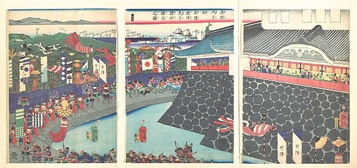 Hideyoshi and His Troops Leaving Nagoya Camp (Mashiba Hideyoshi kō nagoya jin saki te no shoshō kuridashi no zu)