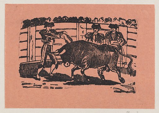 A torero placing banderillas into the bull's shoulders while two men stand behind the bull