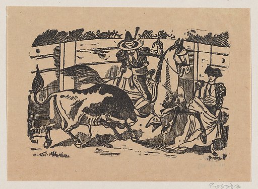 A picador on horseback stabbing a bull