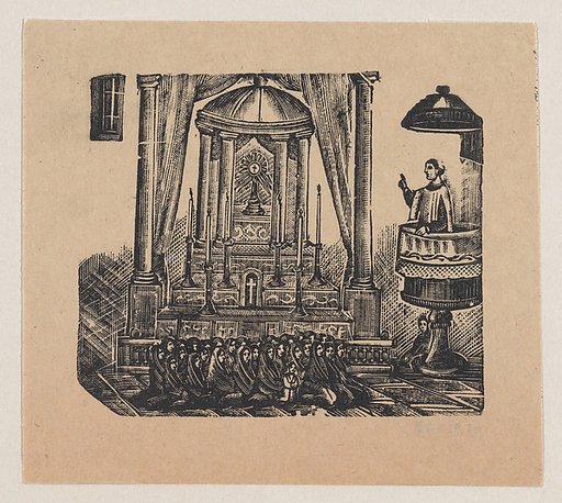 A priest conducting mass from a pulpit for women dressed in black