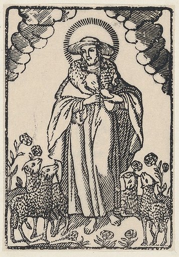 The good shepherd surrounded by lambs