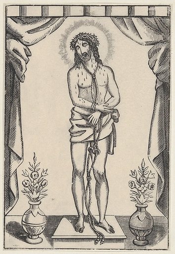 Christ standing, hands tied with rope