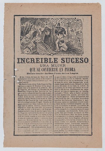 Broadsheet relating to a story about a woman who has turned into stone, a group of people discovering her in the woods