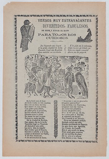 Broadsheet with comic verses, a group of animals wearing human clothes and playing music