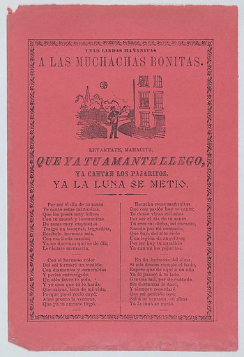 Broadsheet with a ballad about a man who stands outside his lover's window and sings to her