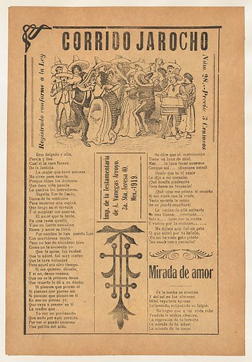 Broadsheet with two love ballads (corridos), many couples dancing