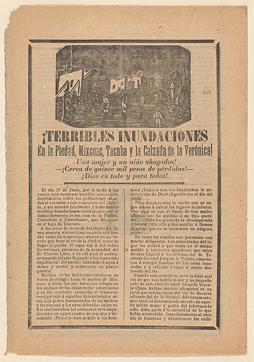 Broadside relating to a news story about floods in multiple cities, villagers wading through water