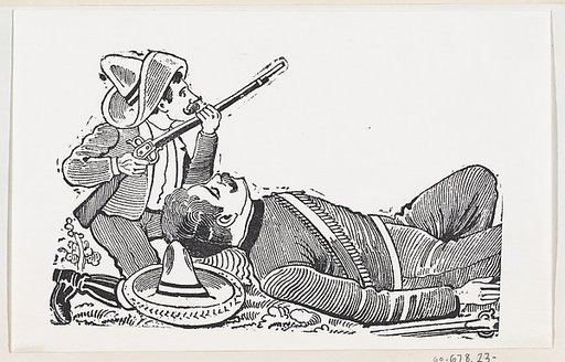A revolutionary holding a rifle and kneeling to protect a fallen revolutionary