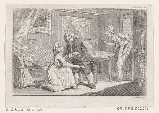 Matthew Bramble Offering Charity to the Ensign's Widow, an illustration from Tobias Smollett's "The Expedition of Humphry Clinker" (London, 1793), Vol. 1