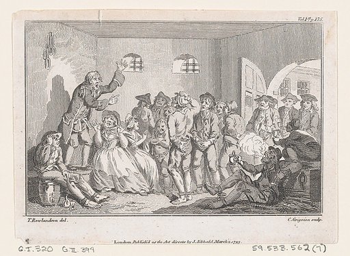 Clinker Preaching in Clerkenwell Prison, an illustration from Tobias Smollett's "The Expedition of Humphry Clinker" (London, 1793), Vol. 1