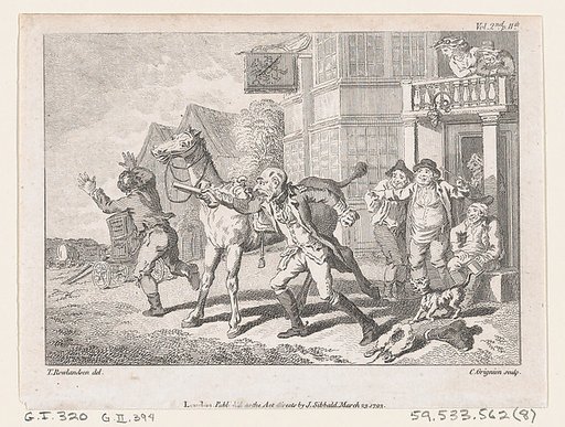 Lismahago Outside The Inn at Durham, an illustration from Tobias Smollett's "The Expedition of Humphry Clinker" (London, 1793), Vol. 1