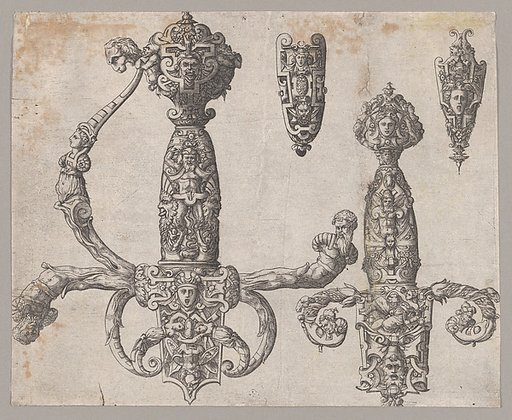 Sheet with Four Designs for Relief Decorations on Arms: Two Large Hilts for a Sword and a Dagger, and  the Ornaments for the Tips of the Sheaths