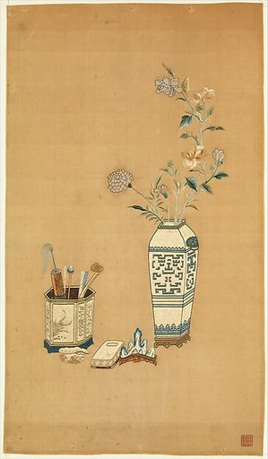 Panel with Flowers in Vase and Scholar's Objects
