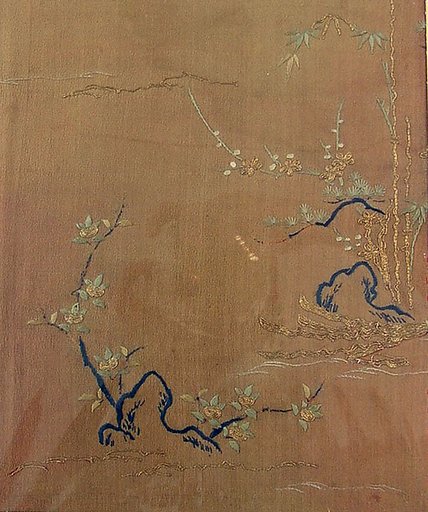 Piece from a Kosode with Pine, Bamboo, Blossoming Plum, and Mandarin Orange Tree