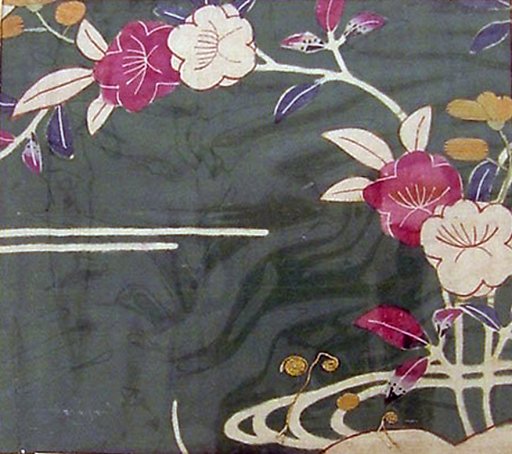 Piece from a Kosode with Orange Blossoms and Stream