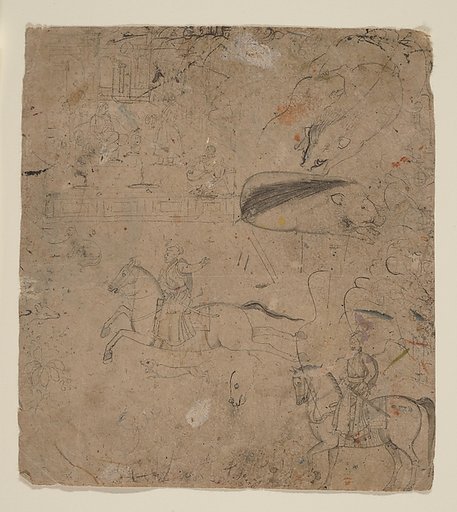 Page from a Sketchbook Showing Rulers on Horseback, Boars, and a Palace Scene