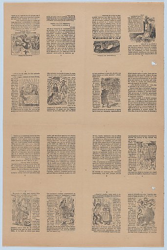 An uncut sheet printed on both sides with pages from "Juan Ceniza" (cuento arreglado por C. S. Suarez) and "Rosendito, los leones y el sapo" (cuento  por C. S. Suarez)