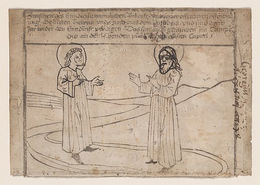 Elias and Enoch Descend from Heaven, from a "Quindecim signa extremi judicii diem praecedentia" (Antichrist and the Fifteen Signs) blockbook, first edition
